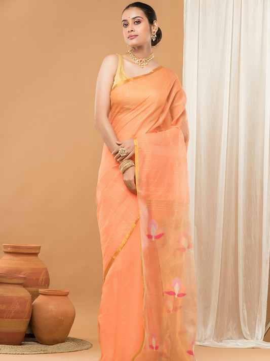 Tissue Muslin Jamdani Saree With Peach Orange And Golden Charm -011
