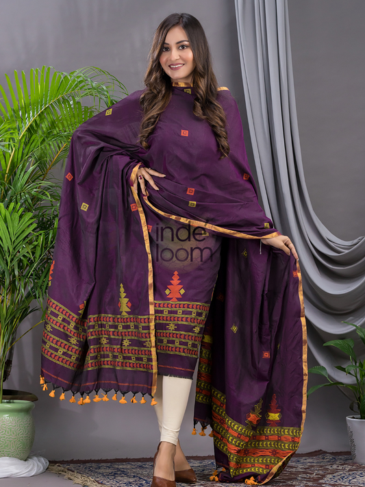 Wine Purple Cotton Jamdani 2-Piece Set Kurti & Dupatta (UNSTITCHED) - 114