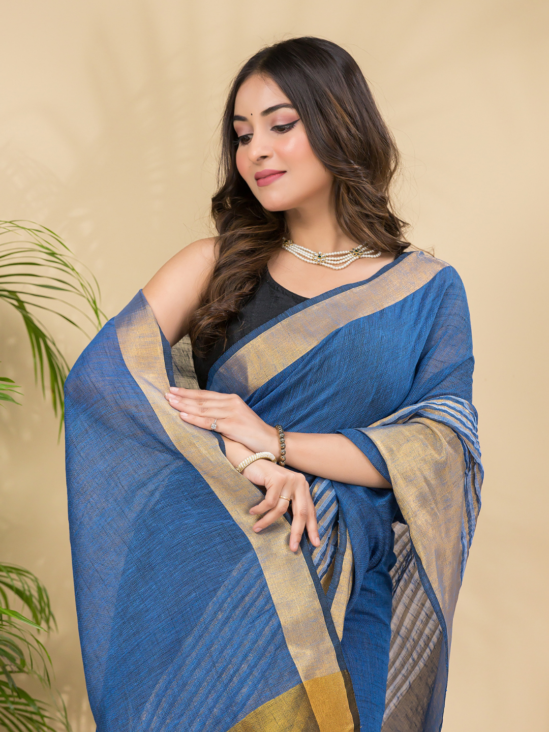 Cotton Linen Handloom Saree With Royal Blue - 015