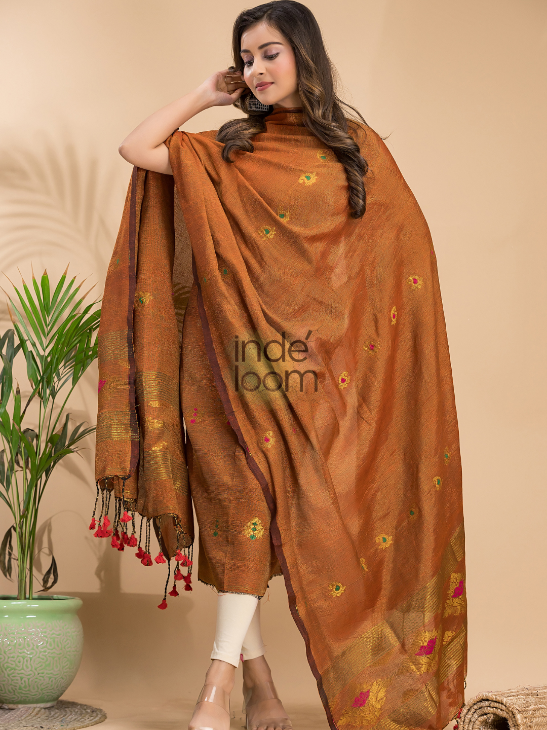 Bronze Brown Tissue Linen 2-Piece Set Kurti & Dupatta (UNSTITCHED) - 015