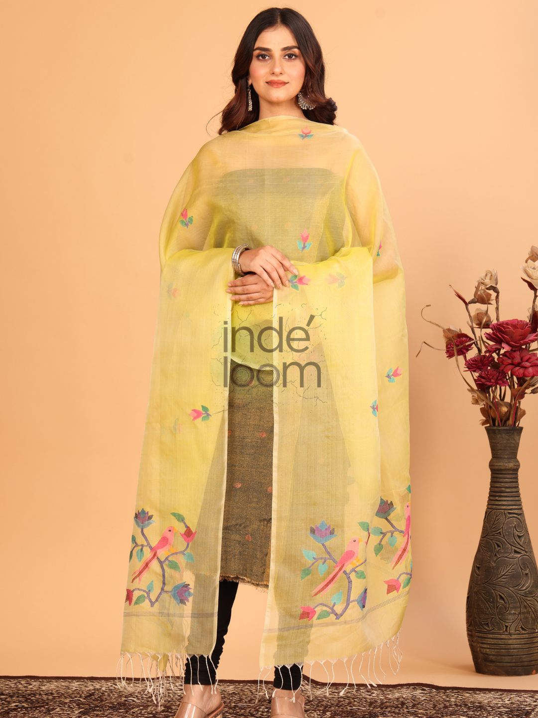 Pure Handloom Muslin Jamdani Dupatta With Lemon Yellow - 022