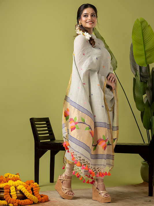 Handwoven Jamdani Linen Unstitched 2-piece Kurti  |  Basil Green  and Green | All-over Buttas with Floral border