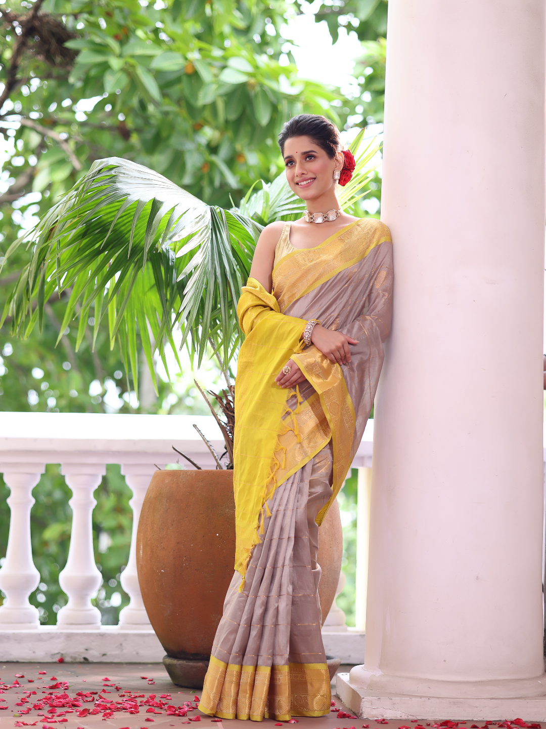 Pure Handloom Korvai Saree | Silver Grey