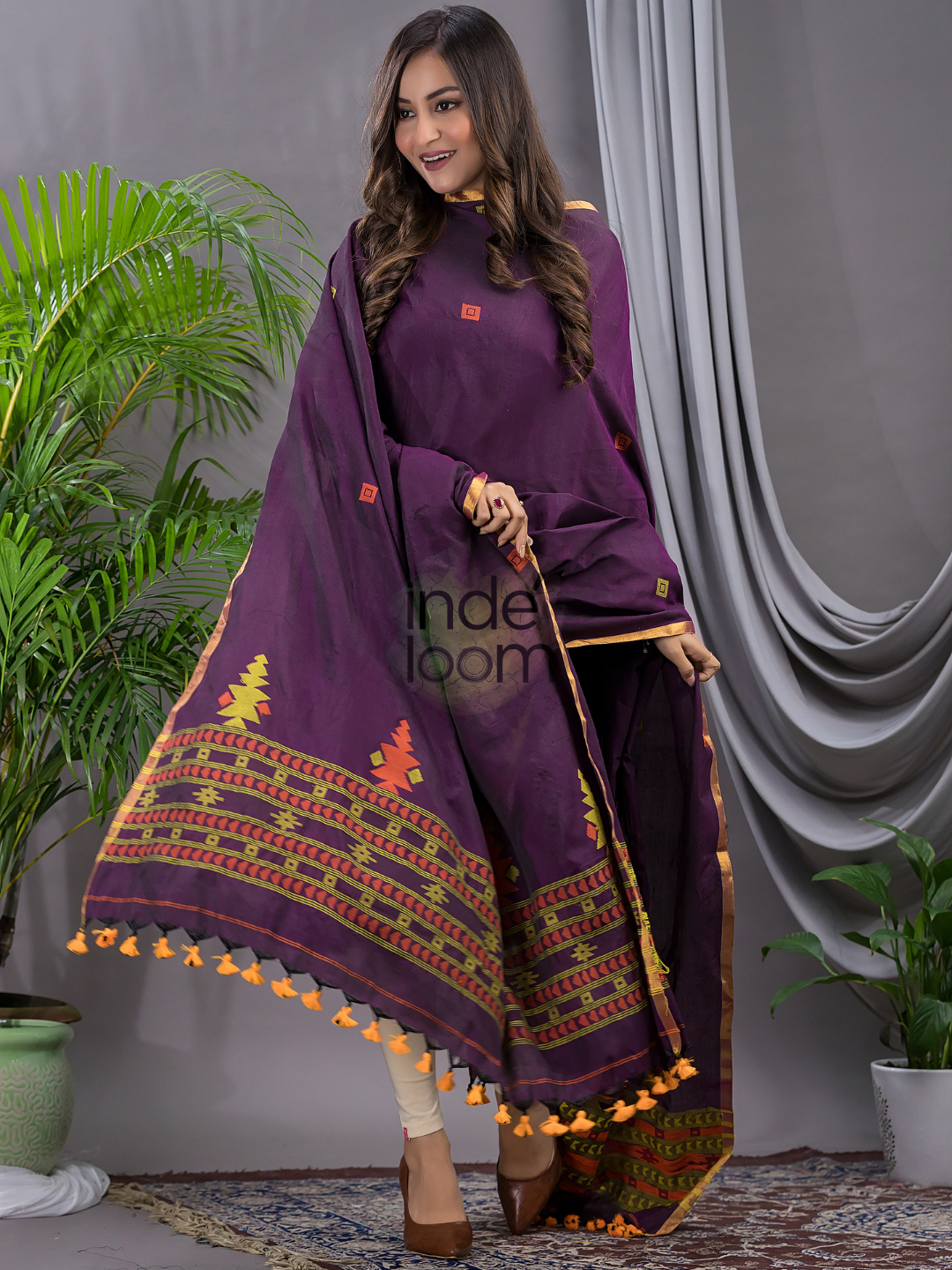 Wine Purple Cotton Jamdani 2-Piece Set Kurti & Dupatta (UNSTITCHED) - 114