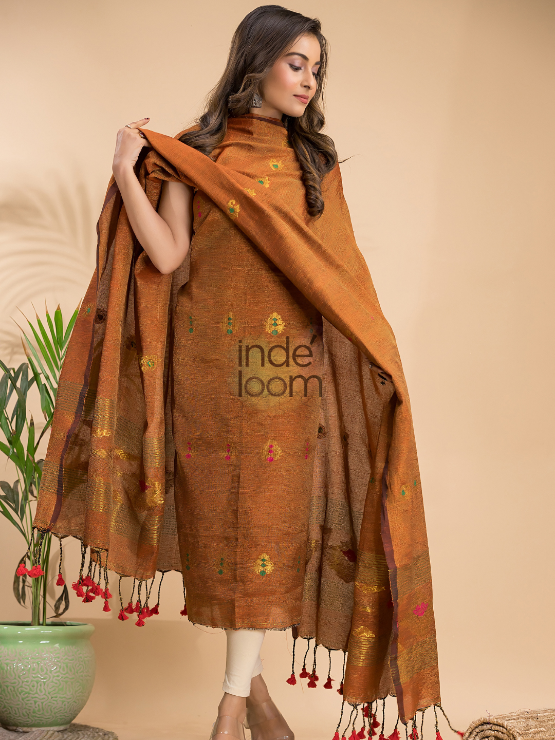 Bronze Brown Tissue Linen 2-Piece Set Kurti & Dupatta (UNSTITCHED) - 015