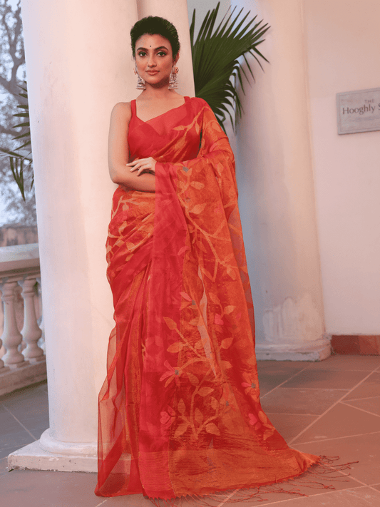 Classic Red Hand Made Jamdani Saree-093 - indeloom