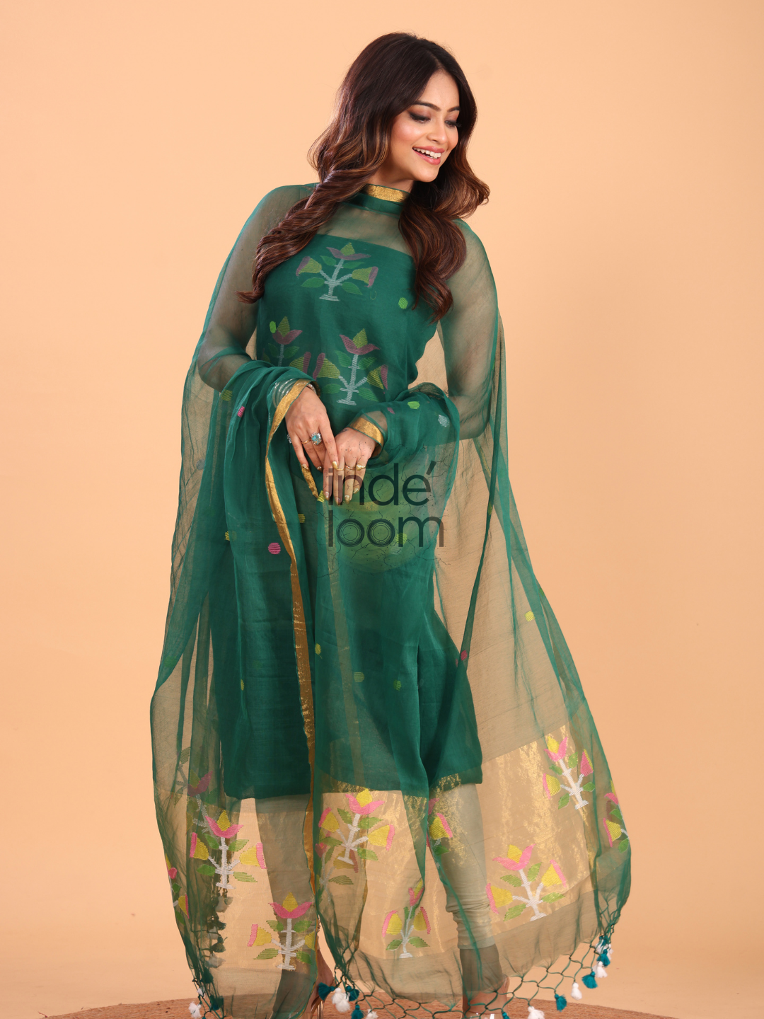 Pine Green Silk Jamdani 2-Piece Set Kurti & Dupatta (UNSTITCHED) - 065