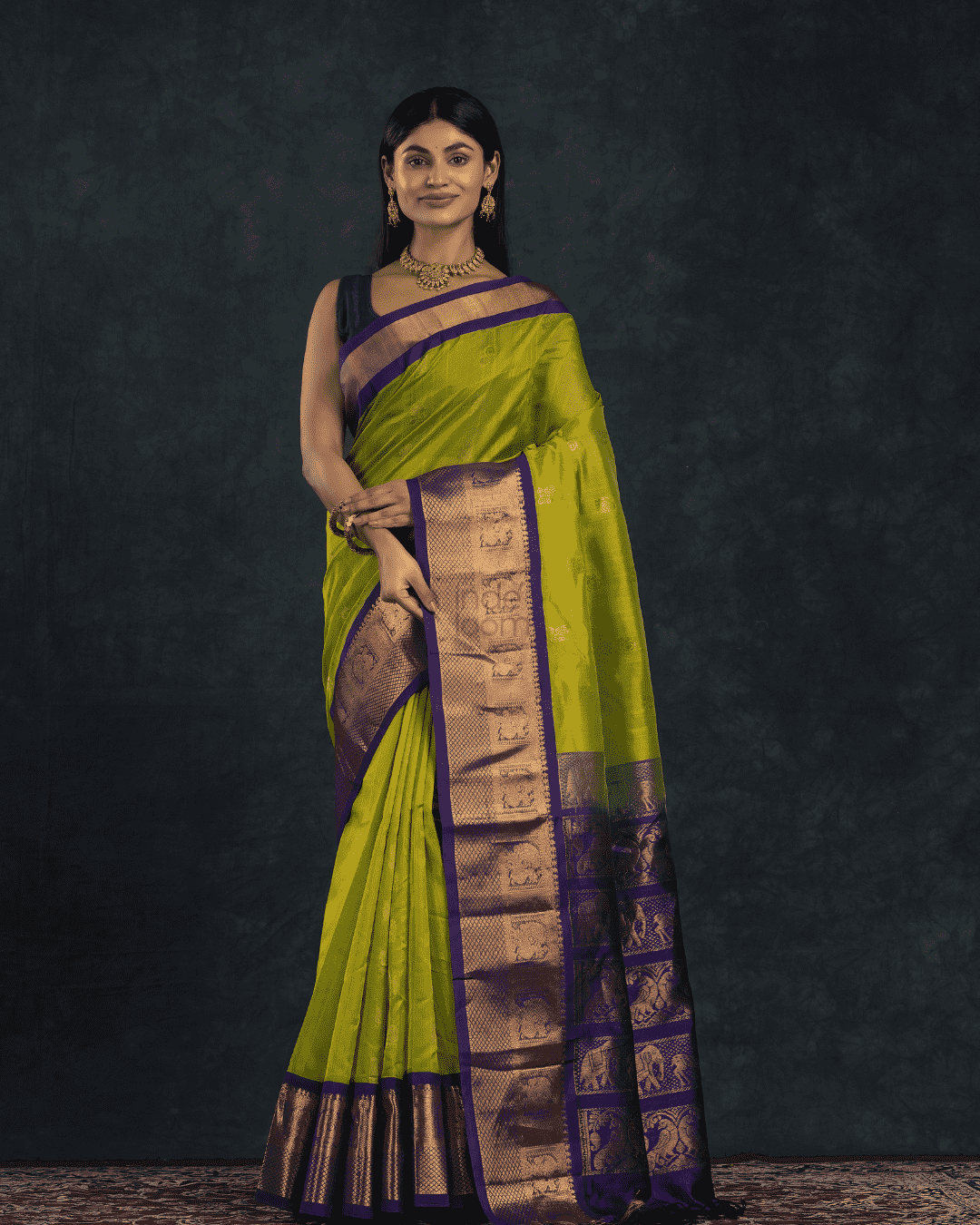 Pure Handloom Korvai Saree | Lime Green and Golden Blue