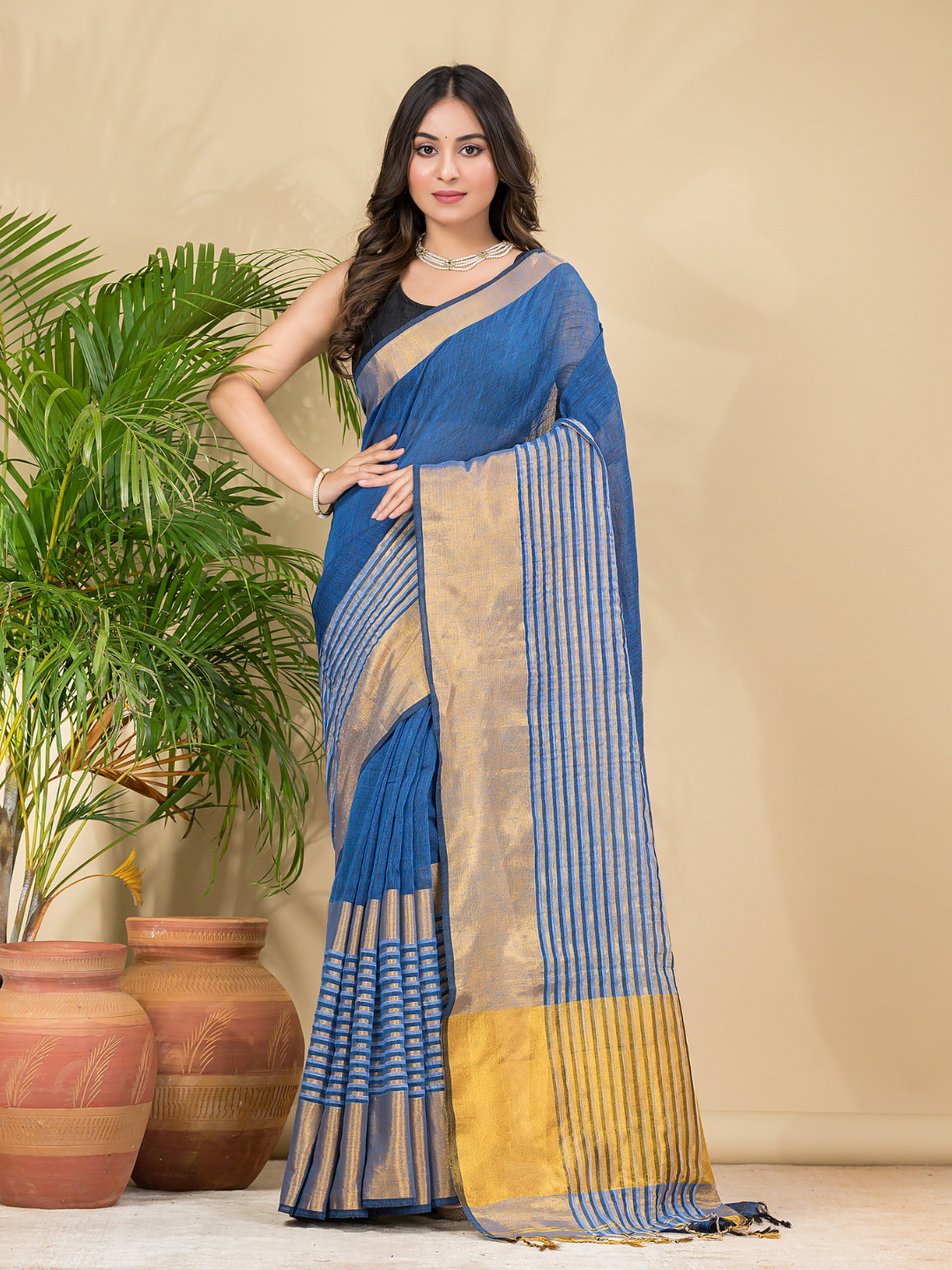 Cotton Linen Handloom Saree With Royal Blue - 015