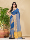 Cotton Linen Handloom Saree With Royal Blue - 015