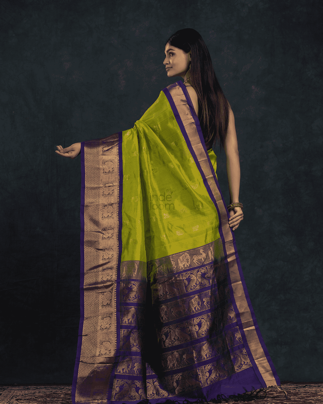 Pure Handloom Korvai Saree | Lime Green and Golden Blue