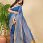 Cotton Linen Handloom Saree With Royal Blue - 015