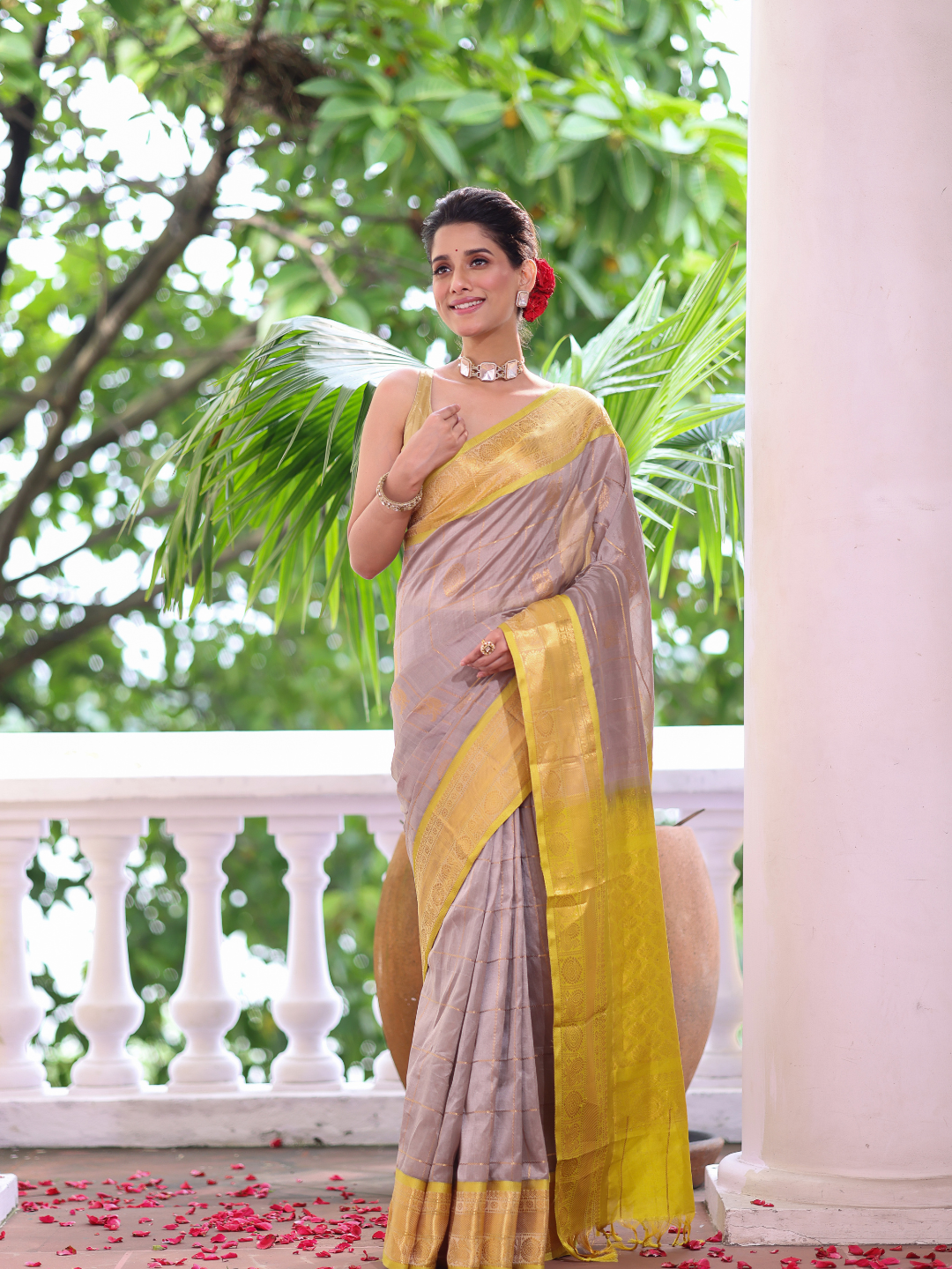 Pure Handloom Korvai Saree | Silver Grey