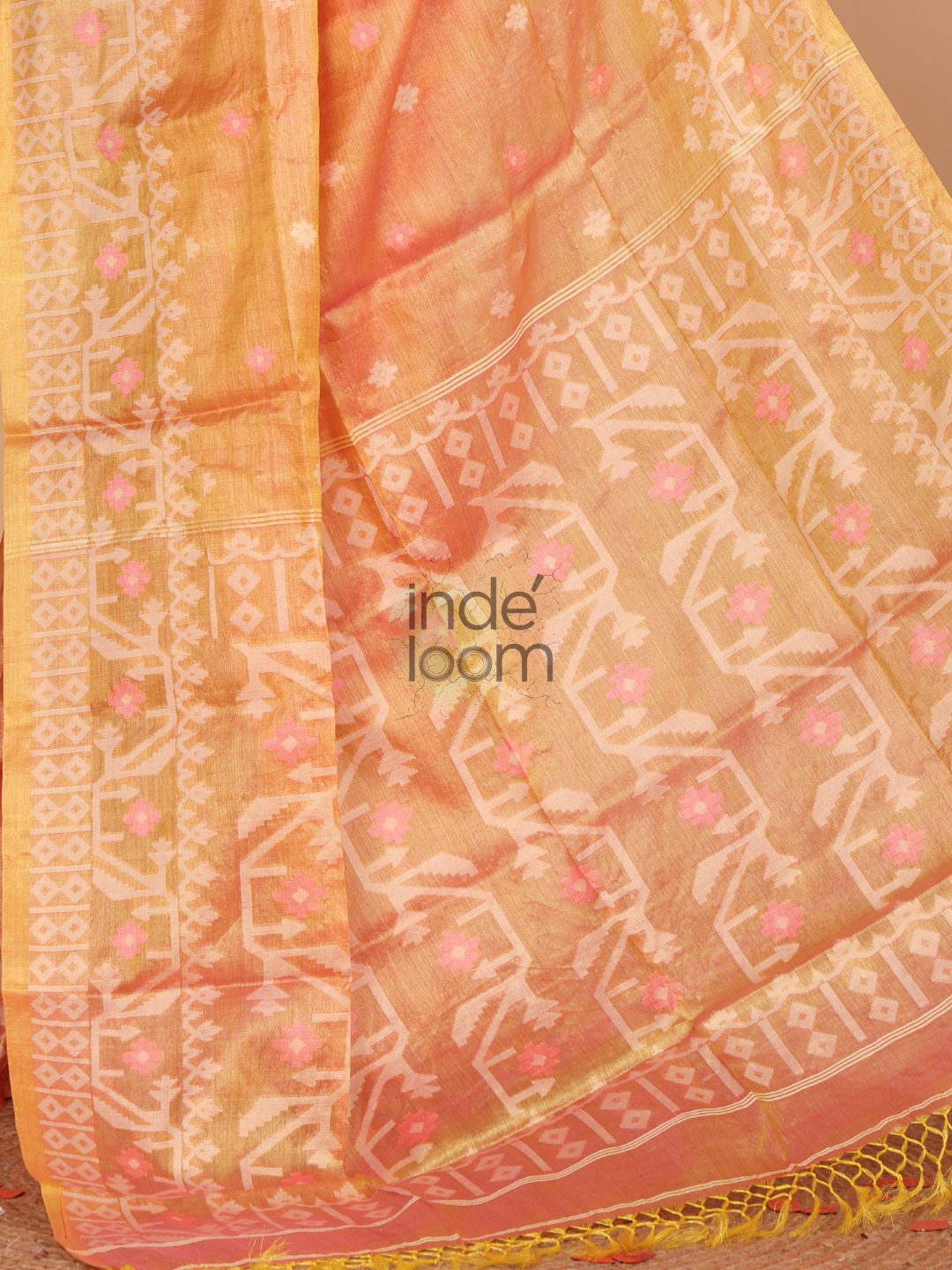 Tissue Silk Jamdani Saree With Neon Orange - 121