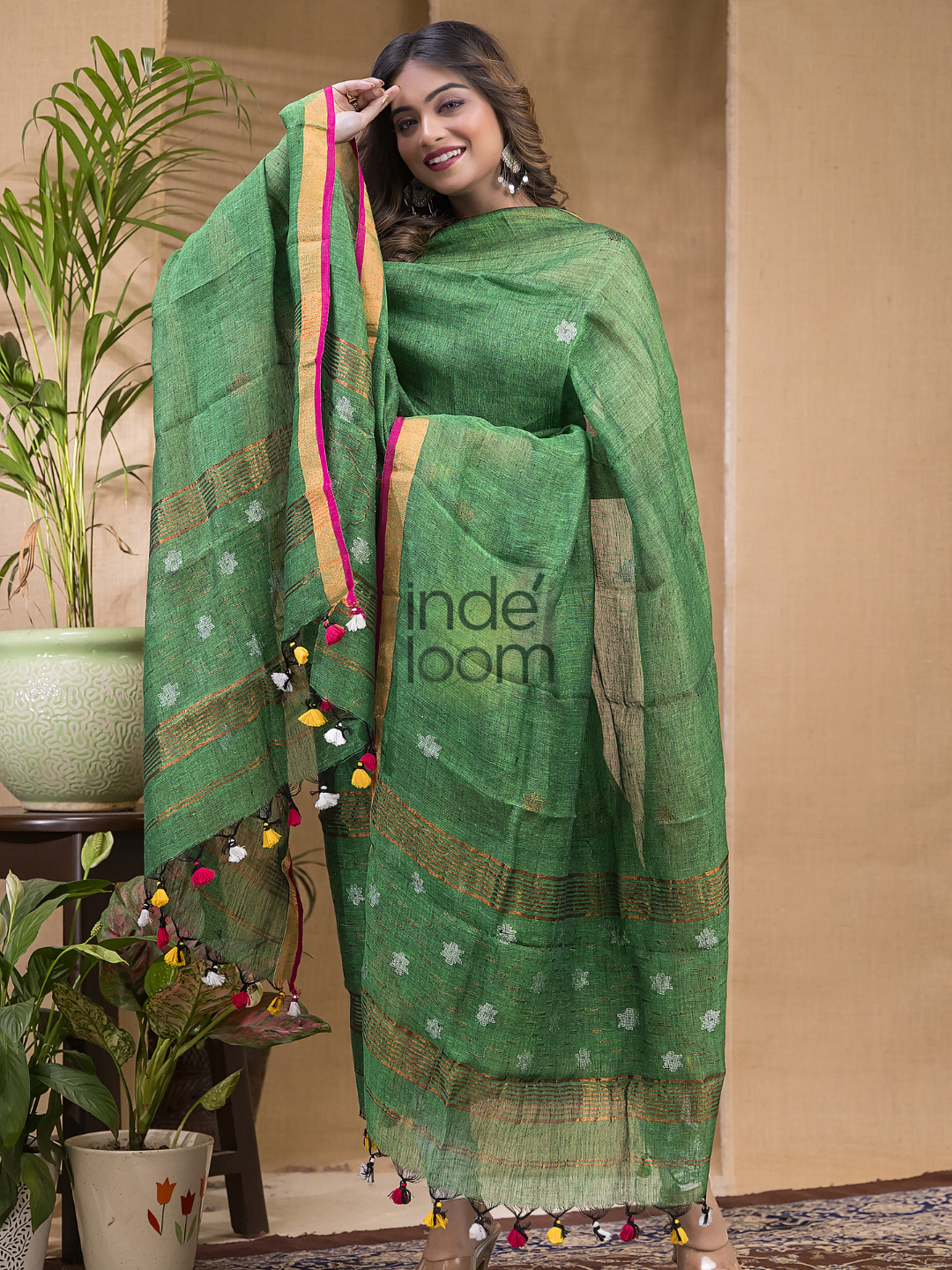 Forest Green Pure Linen Suit 2 Piece Set Kurti & Dupatta (UNSTITCHED) -629