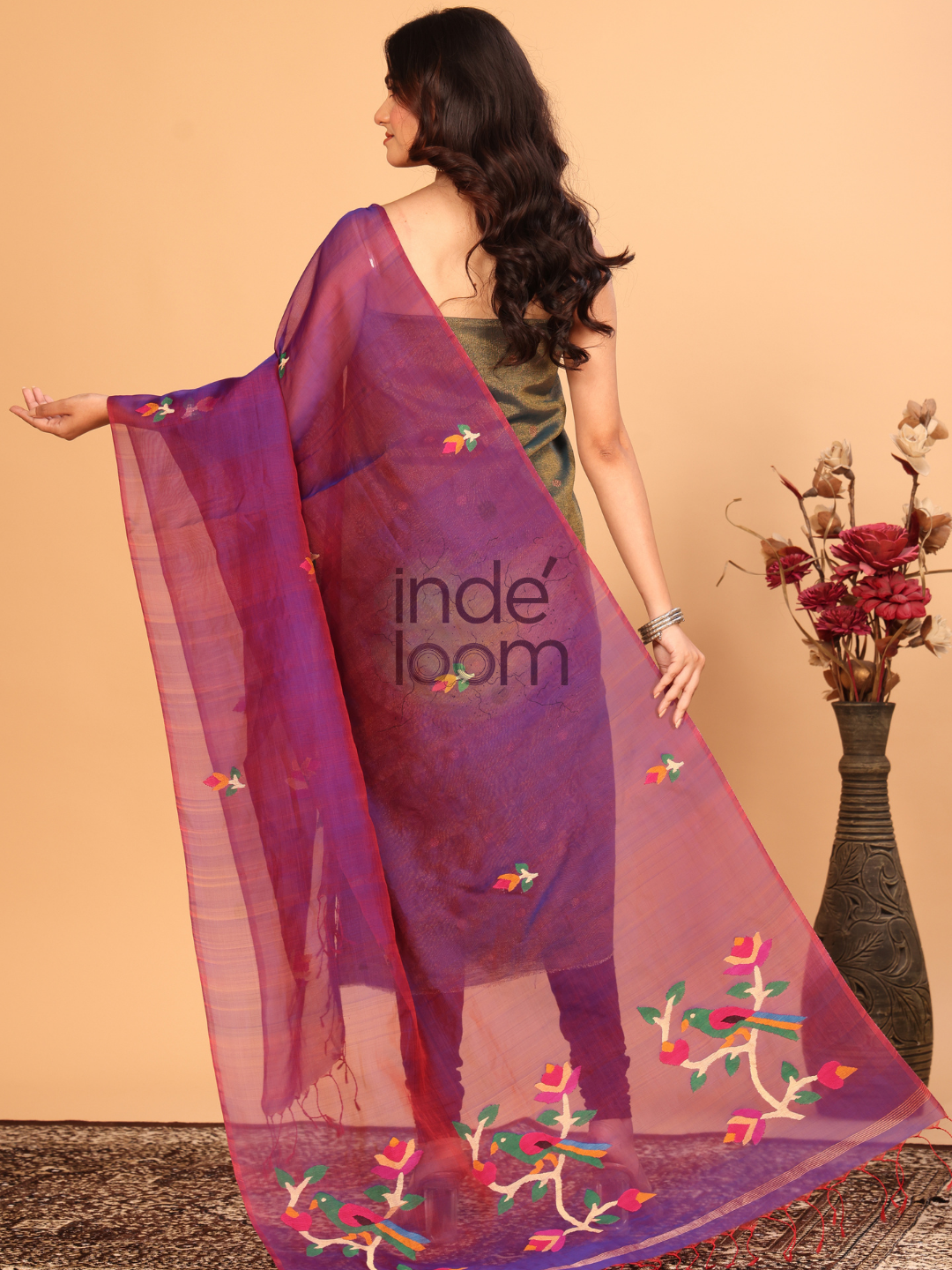 Pure Handloom Muslin Jamdani Dupatta With Voilet - 023