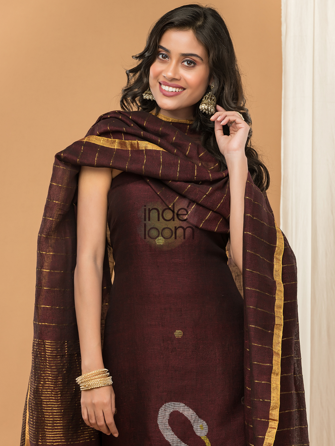 Linen Jamdani Unstitched 2-Piece Kurti  |  Wine Red