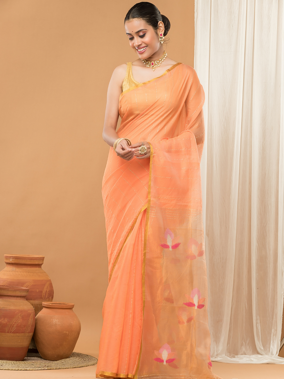 Tissue Muslin Jamdani Saree With Peach Orange And Golden Charm -011
