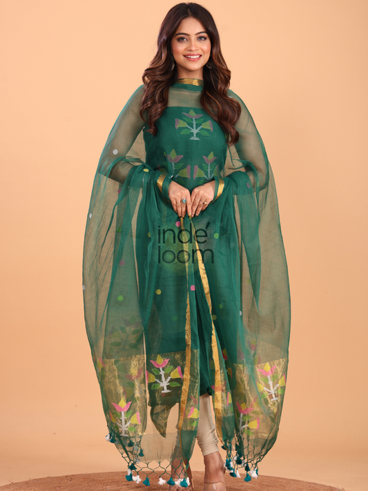 Pine Green Silk Jamdani 2-Piece Set Kurti & Dupatta (UNSTITCHED) - 065