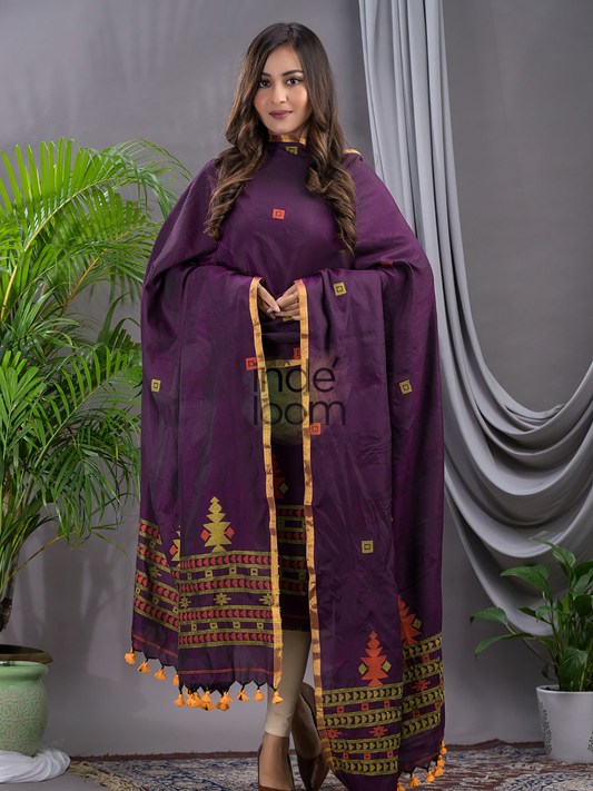 Wine Purple Cotton Jamdani 2-Piece Set Kurti & Dupatta (UNSTITCHED) - 114