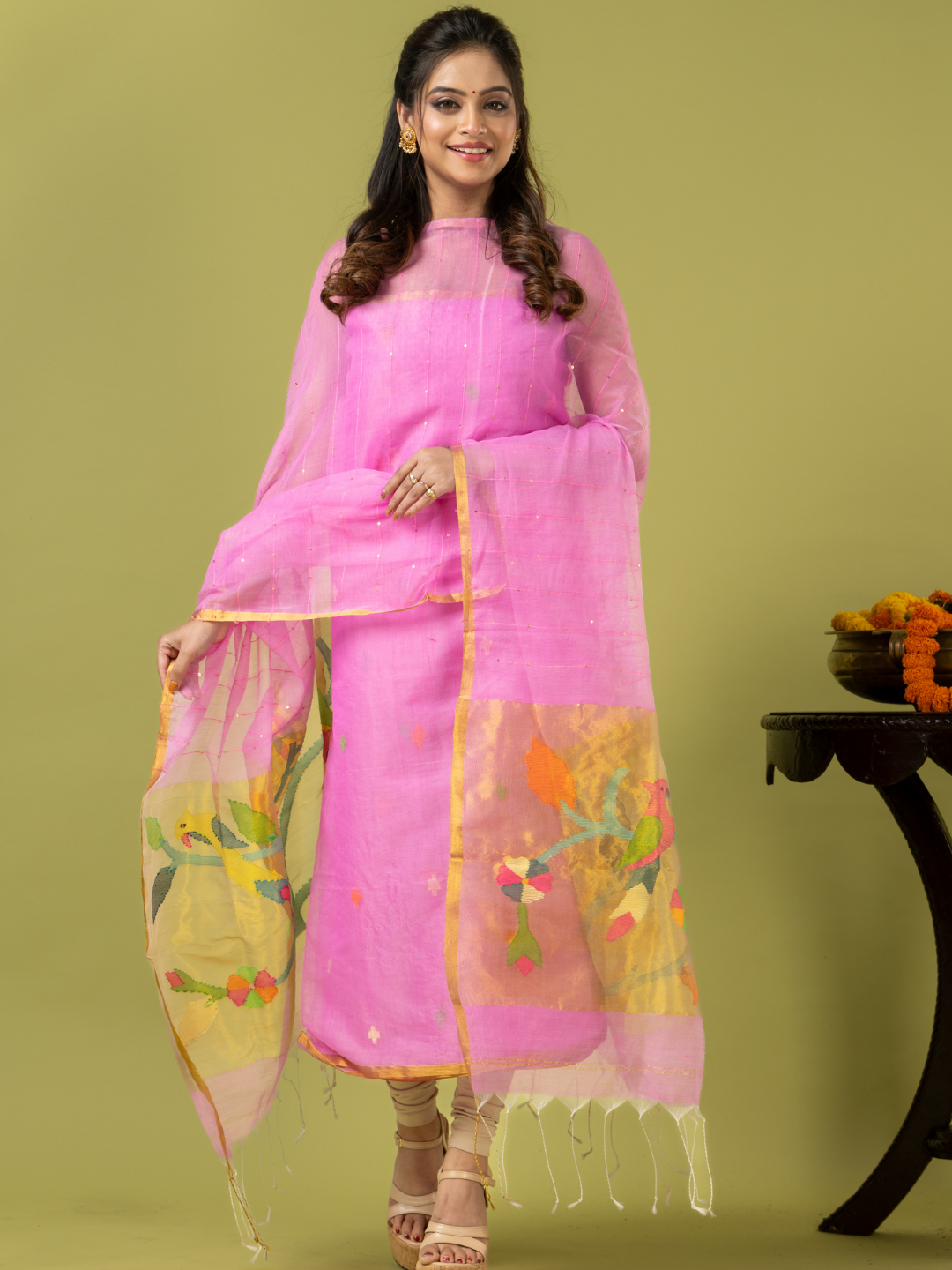 Handwoven Jamdani Muslin Unstitched 2-piece Kurti | Blush Pink