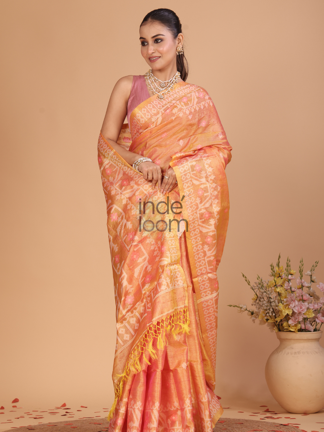 Tissue Silk Jamdani Saree With Neon Orange - 121