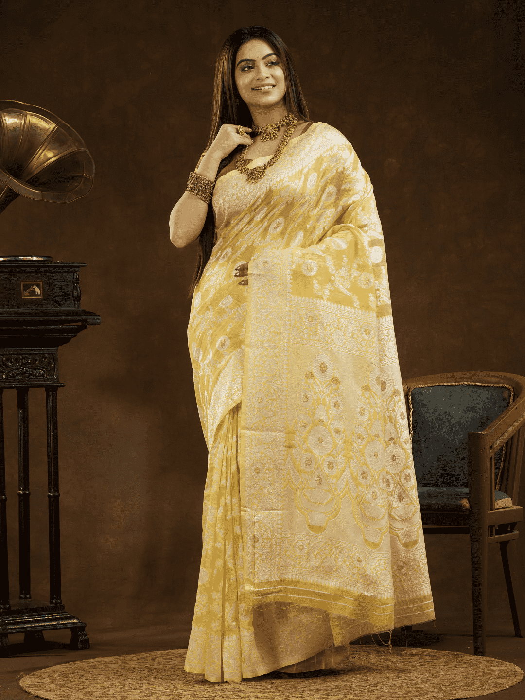 Light Yellow Cotton Silk Saree - 001 - indeloom