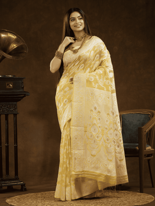 Light Yellow Cotton Silk Saree - 001 - indeloom