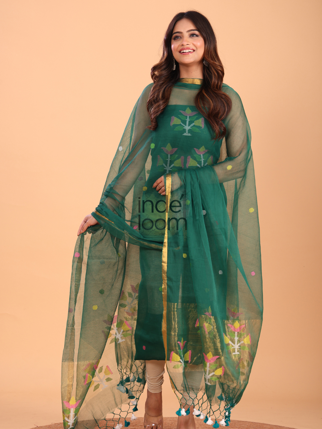 Pine Green Silk Jamdani 2-Piece Set Kurti & Dupatta (UNSTITCHED) - 065