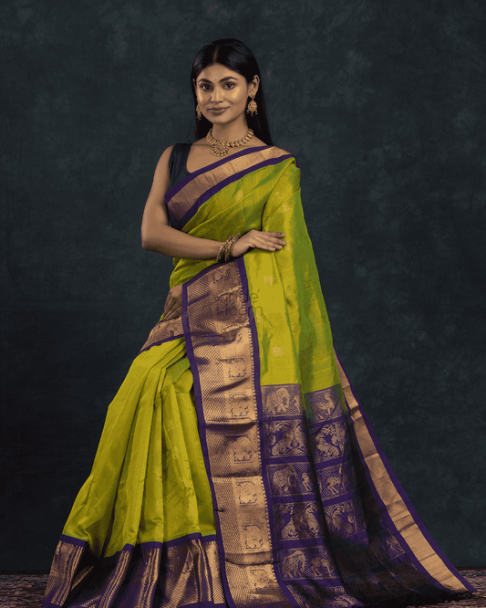 Pure Handloom Korvai Saree | Lime Green and Golden Blue