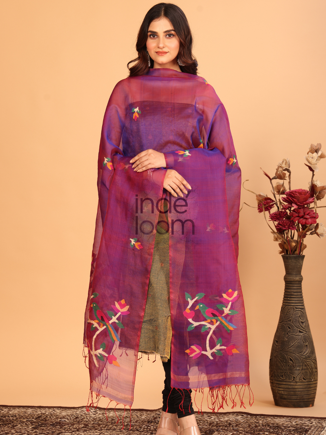 Pure Handloom Muslin Jamdani Dupatta With Voilet - 023