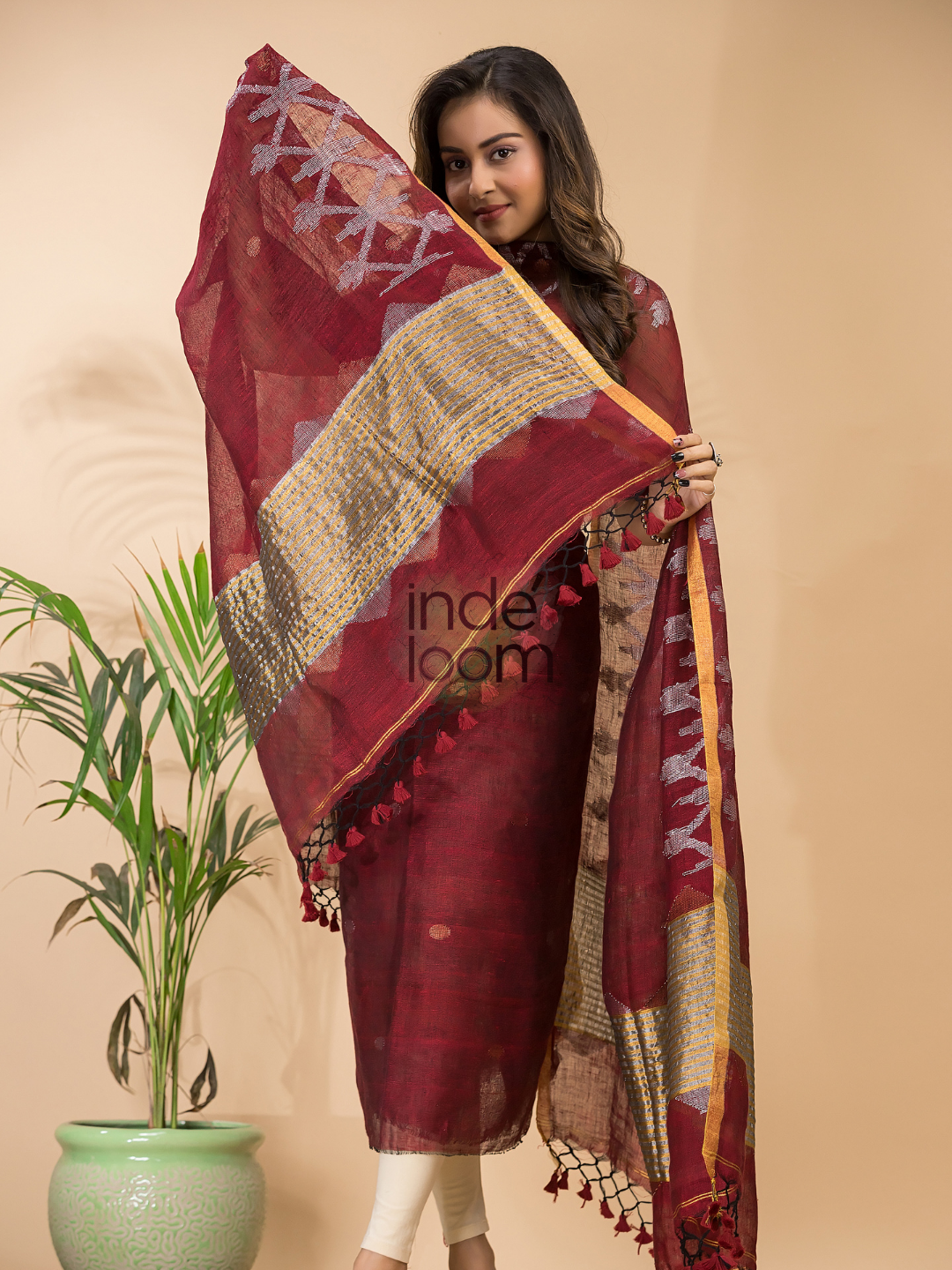 Terracotta Rouge | Handloom Jamdani Linen Unstitched 2-Piece Kurti | Dhakai Design