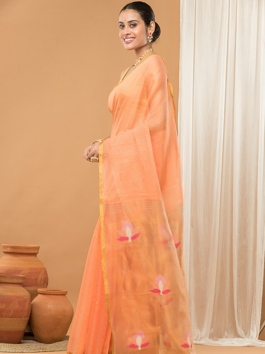 Tissue Muslin Jamdani Saree With Peach Orange And Golden Charm -011