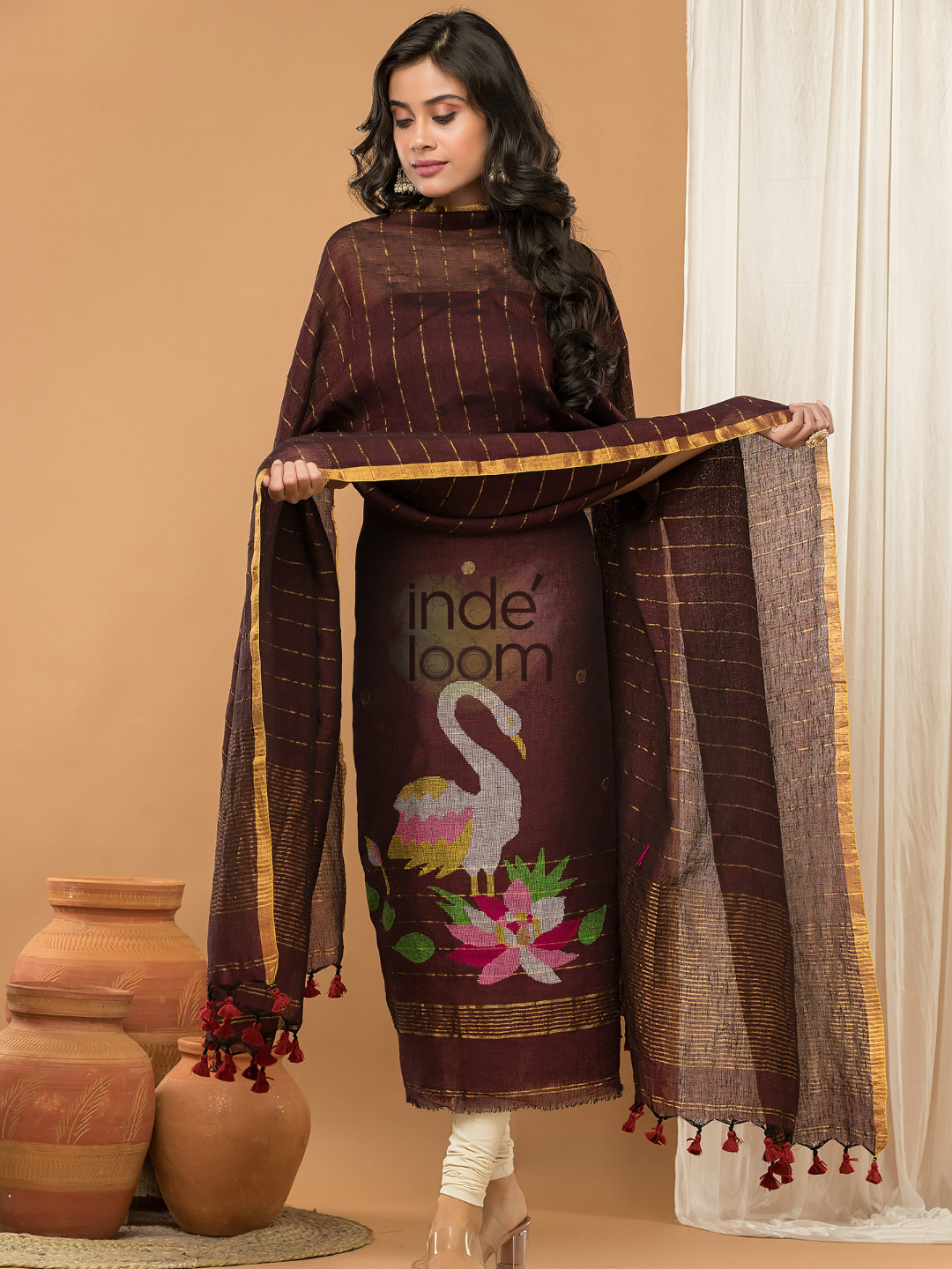 Linen Jamdani Unstitched 2-Piece Kurti  |  Wine Red