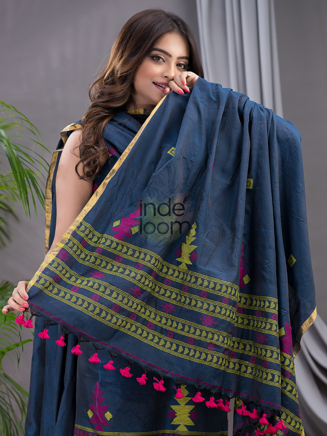 Space Blue Cotton Jamdani 2-Piece Set Kurti & Dupatta (UNSTITCHED) - 115