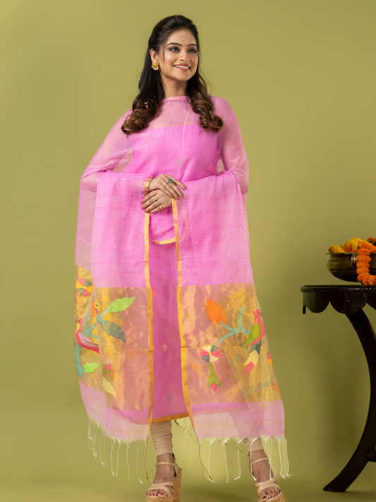 Handwoven Jamdani Muslin Unstitched 2-piece Kurti | Blush Pink