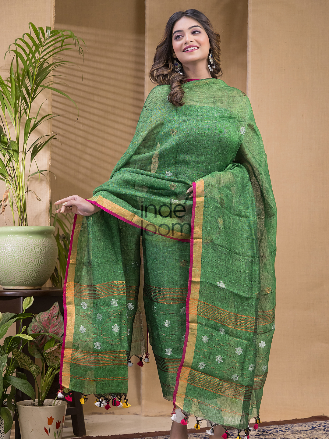 Forest Green Pure Linen Suit 2 Piece Set Kurti & Dupatta (UNSTITCHED) -629