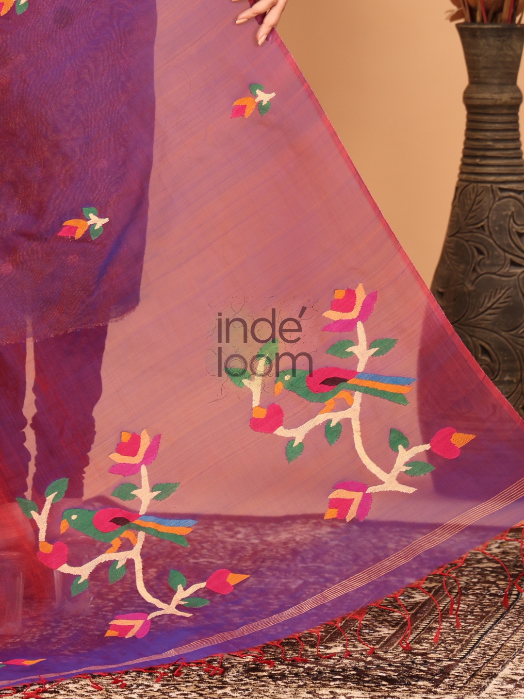 Pure Handloom Muslin Jamdani Dupatta With Voilet - 023