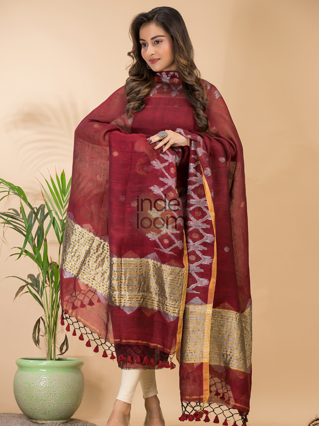 Terracotta Rouge | Handloom Jamdani Linen Unstitched 2-Piece Kurti | Dhakai Design