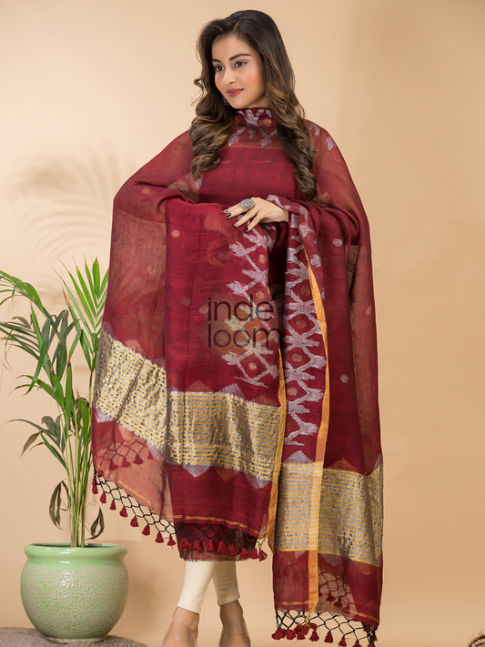Red Brown Linen X Line2-Piece Set Kurti & Dupatta (UNSTITCHED) - 128
