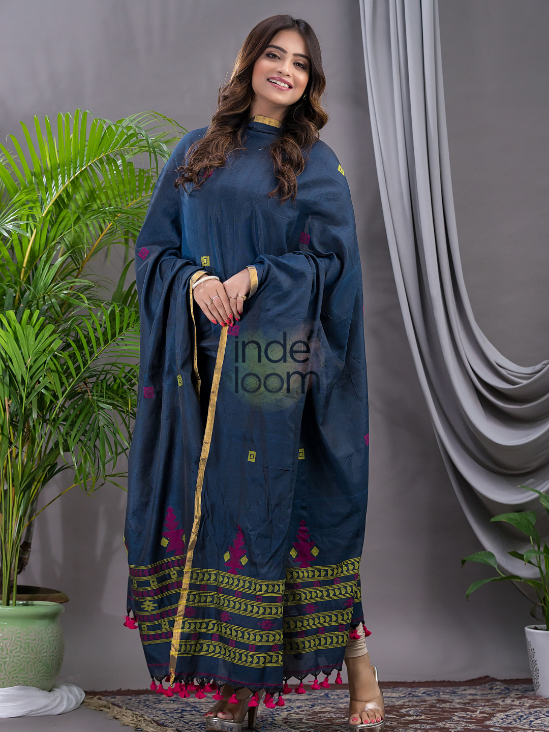 Space Blue Cotton Jamdani 2-Piece Set Kurti & Dupatta (UNSTITCHED) - 115