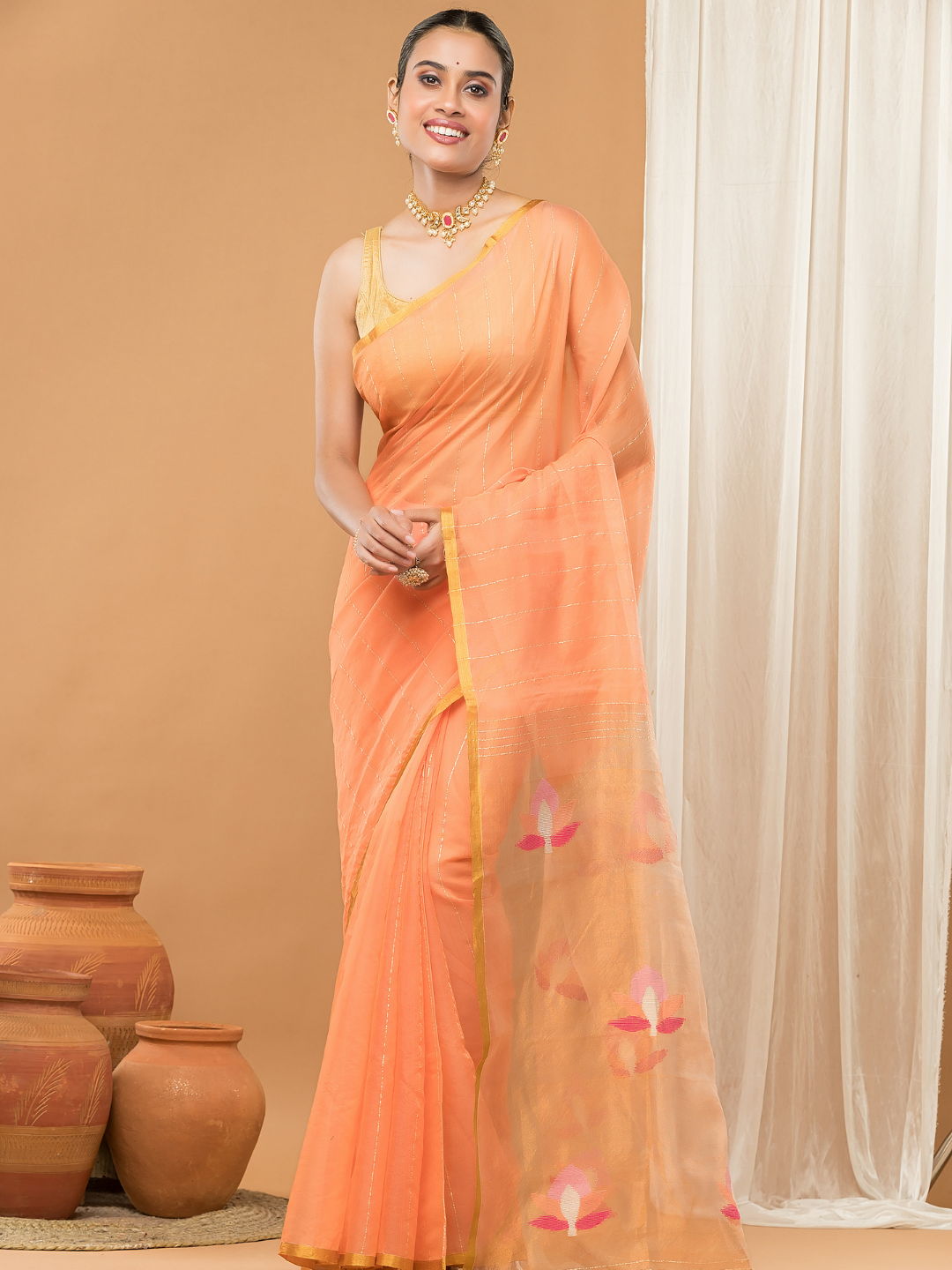 Tissue Muslin Jamdani Saree With Peach Orange And Golden Charm -011