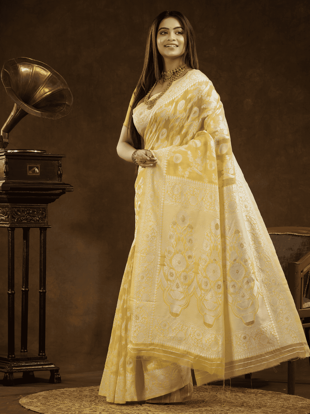 Light Yellow Cotton Silk Saree - 001 - indeloom