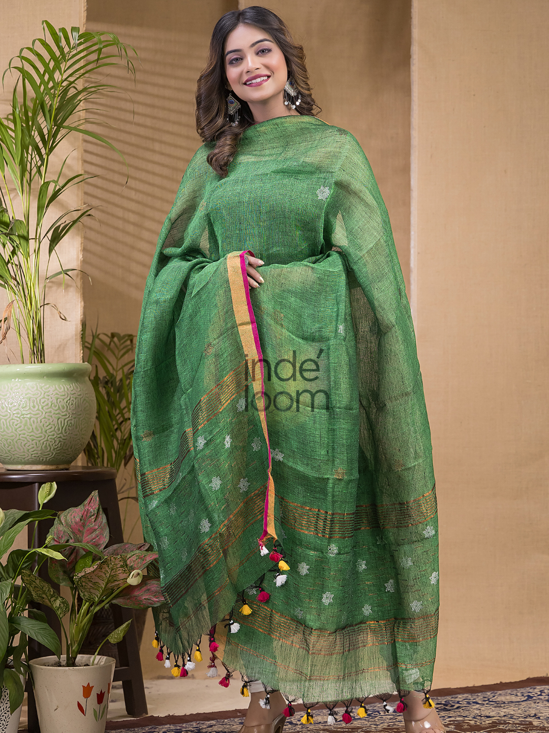 Forest Green Pure Linen Suit 2 Piece Set Kurti & Dupatta (UNSTITCHED) -629