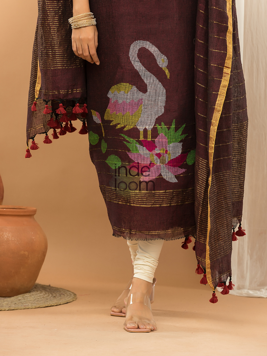 Linen Jamdani Unstitched 2-Piece Kurti  |  Wine Red