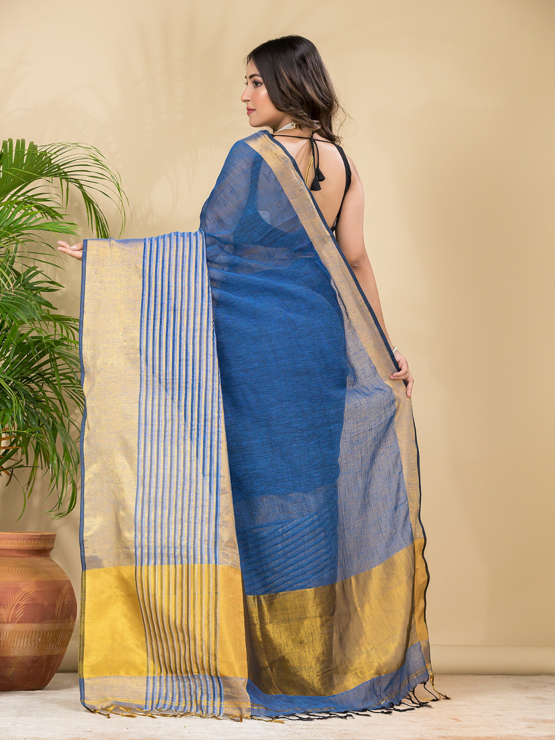 Cotton Linen Handloom Saree With Royal Blue - 015