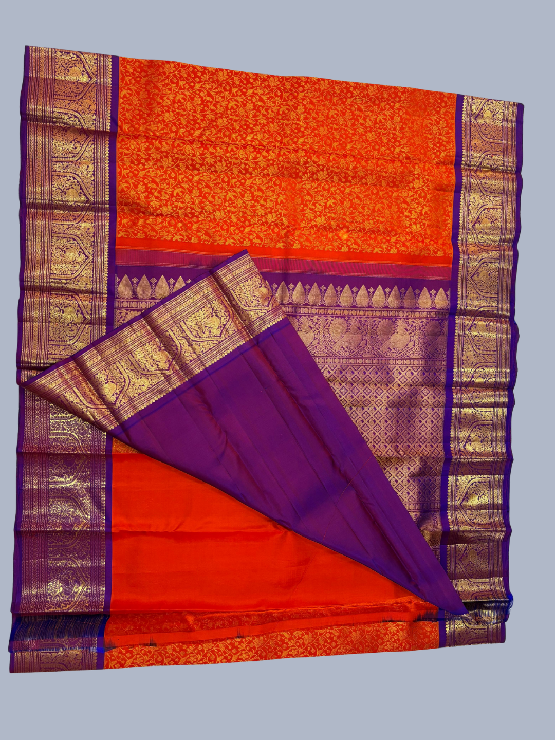 Handwoven Pure Gadwal Silk Saree  |  Coral Red
