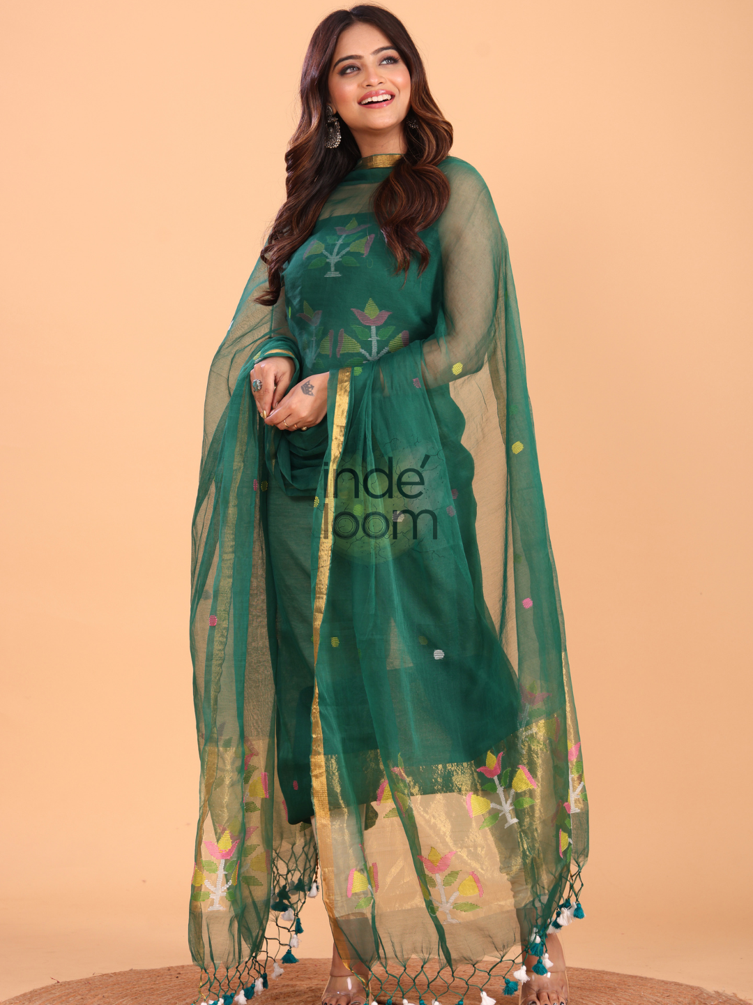 Pine Green Silk Jamdani 2-Piece Set Kurti & Dupatta (UNSTITCHED) - 065