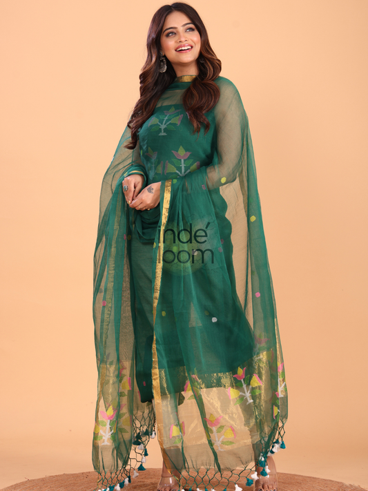 Pine Green Silk Jamdani 2-Piece Set Kurti & Dupatta (UNSTITCHED) - 065