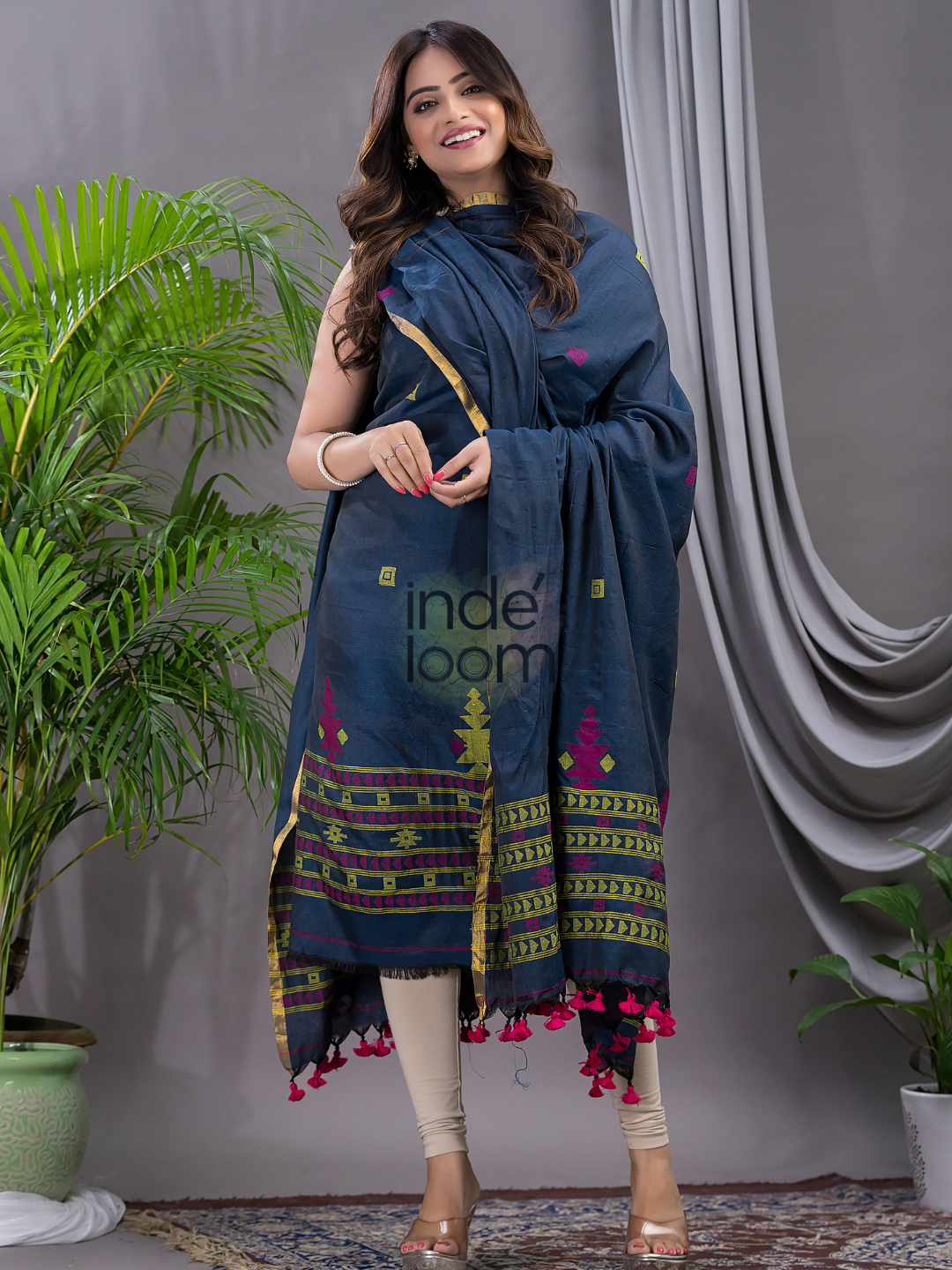 Space Blue Cotton Jamdani 2-Piece Set Kurti & Dupatta (UNSTITCHED) - 115